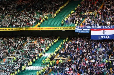 Empty Seats and two rows of police seperate Celtic from Rangers fans